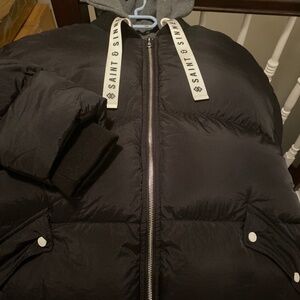 Puffer jacket black saint & sinner zip up with attached grey hoodie size M-L new